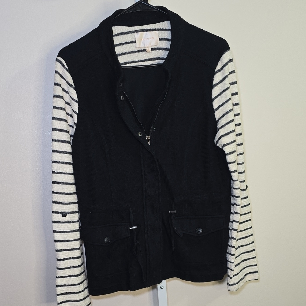 Skies Are Blue Black Jacket with Cream and Black Striped Sleeves